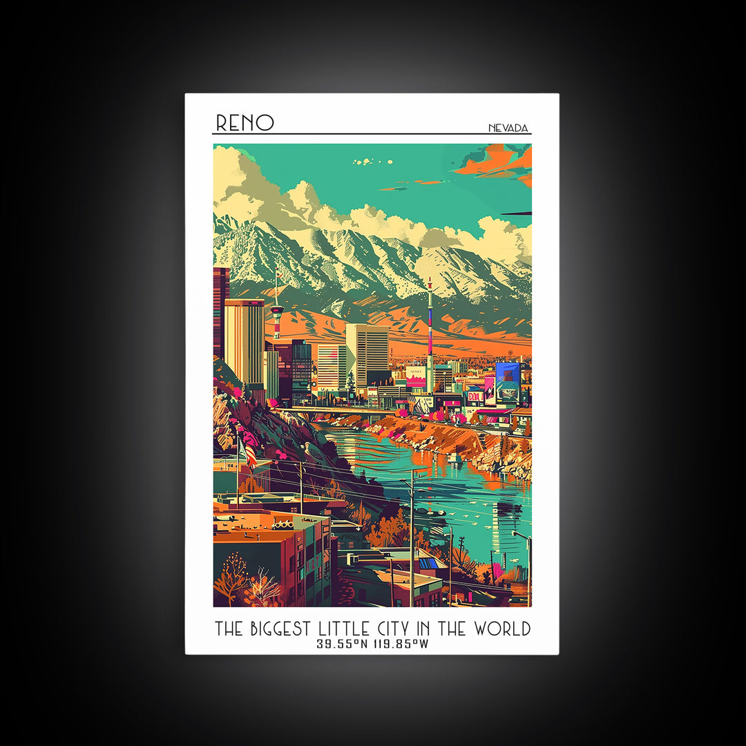 Reno Travel Poster, Framed Canvas Print, Travel Wall Art, City Wall Art, Wall Art, Art Print, Retro Travel Poster, Home Office Decor