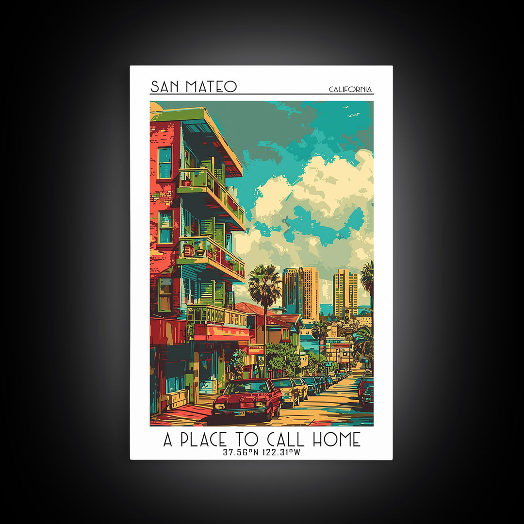 San Mateo Travel Poster, Framed Canvas Print, Retro Travel Poster, City Wall Art, Travel Art Print, Minimalist Poster, Landscape Art