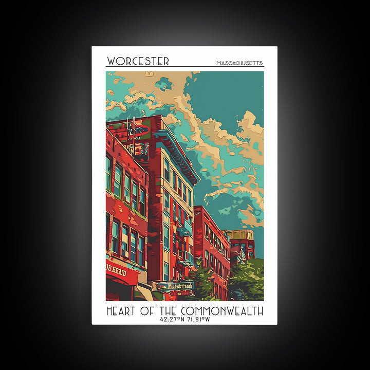 Worcester Travel Poster, Framed Canvas Print, Travel Prints, Landscape Art, Living Room Wall Art, Watercolor Cityscape, Travel Print