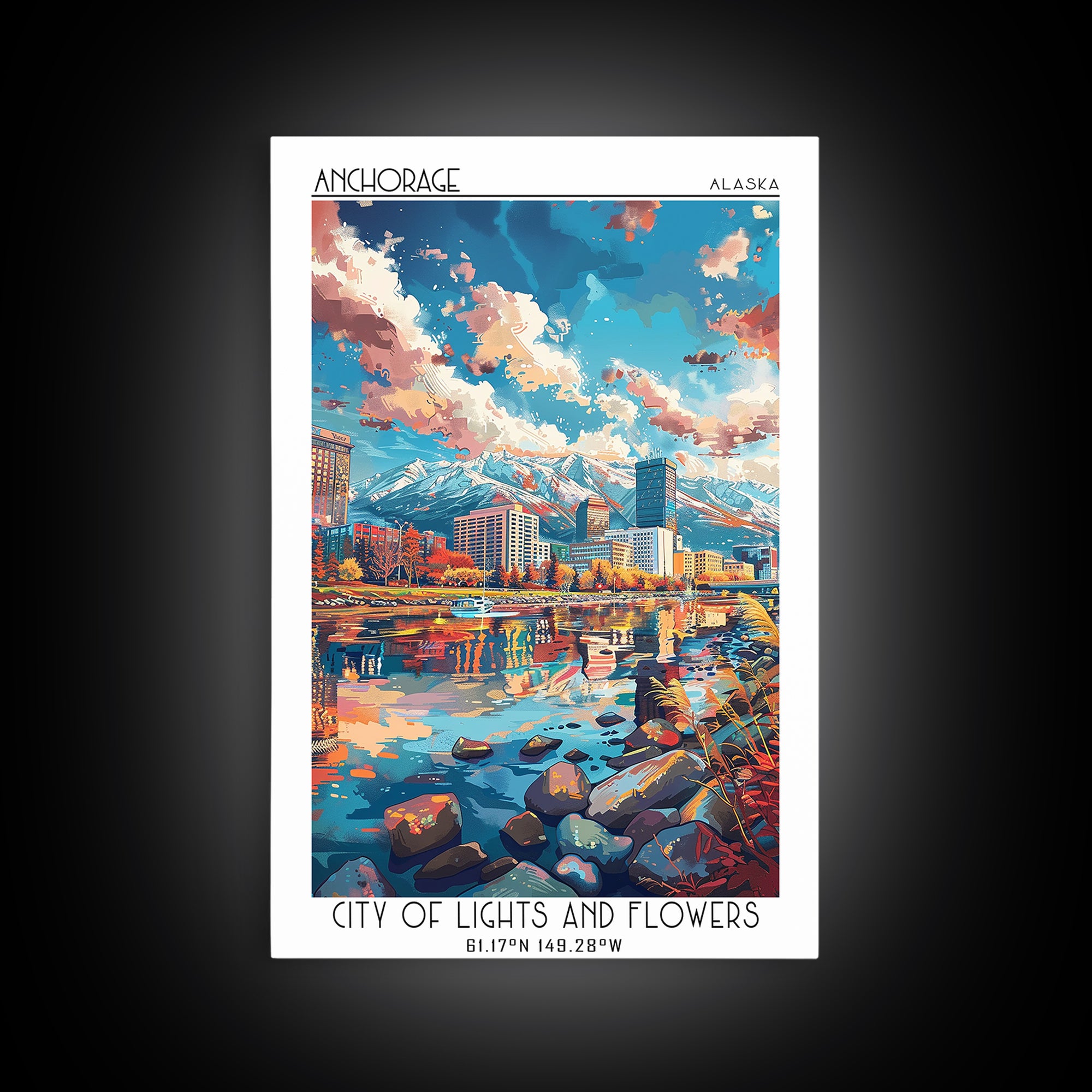 Anchorage Travel Poster, Framed Canvas Print, Retro Travel Poster, City Wall Art, Wanderlust Gift, City Illustration, Vintage Travel