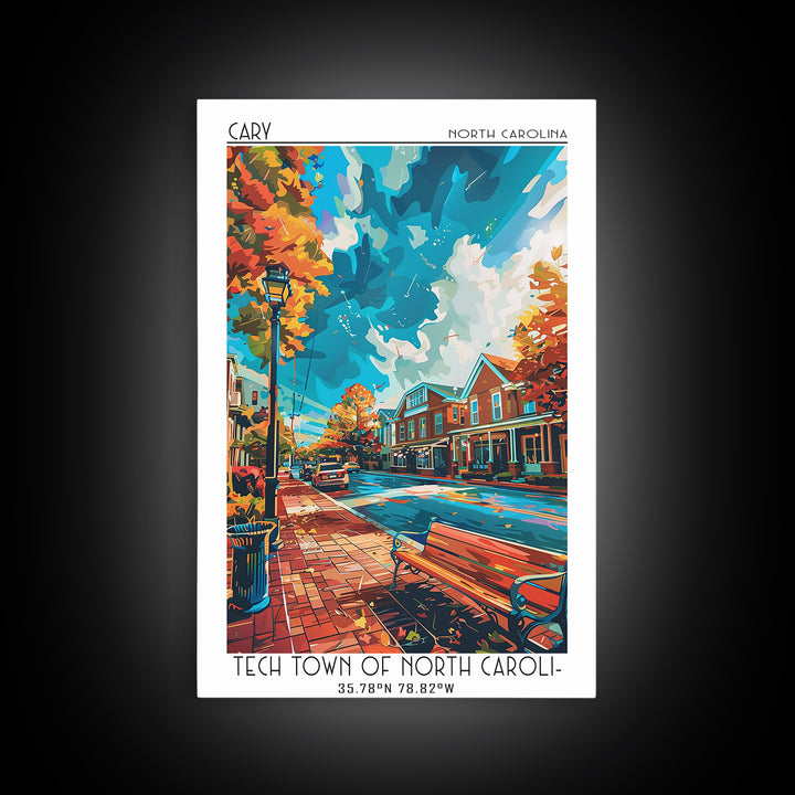 Cary Travel Poster, Framed Canvas Print, Retro Wall Art, Travel Print, Vintage City Poster, Retro Travel Print, Living Room Wall Art