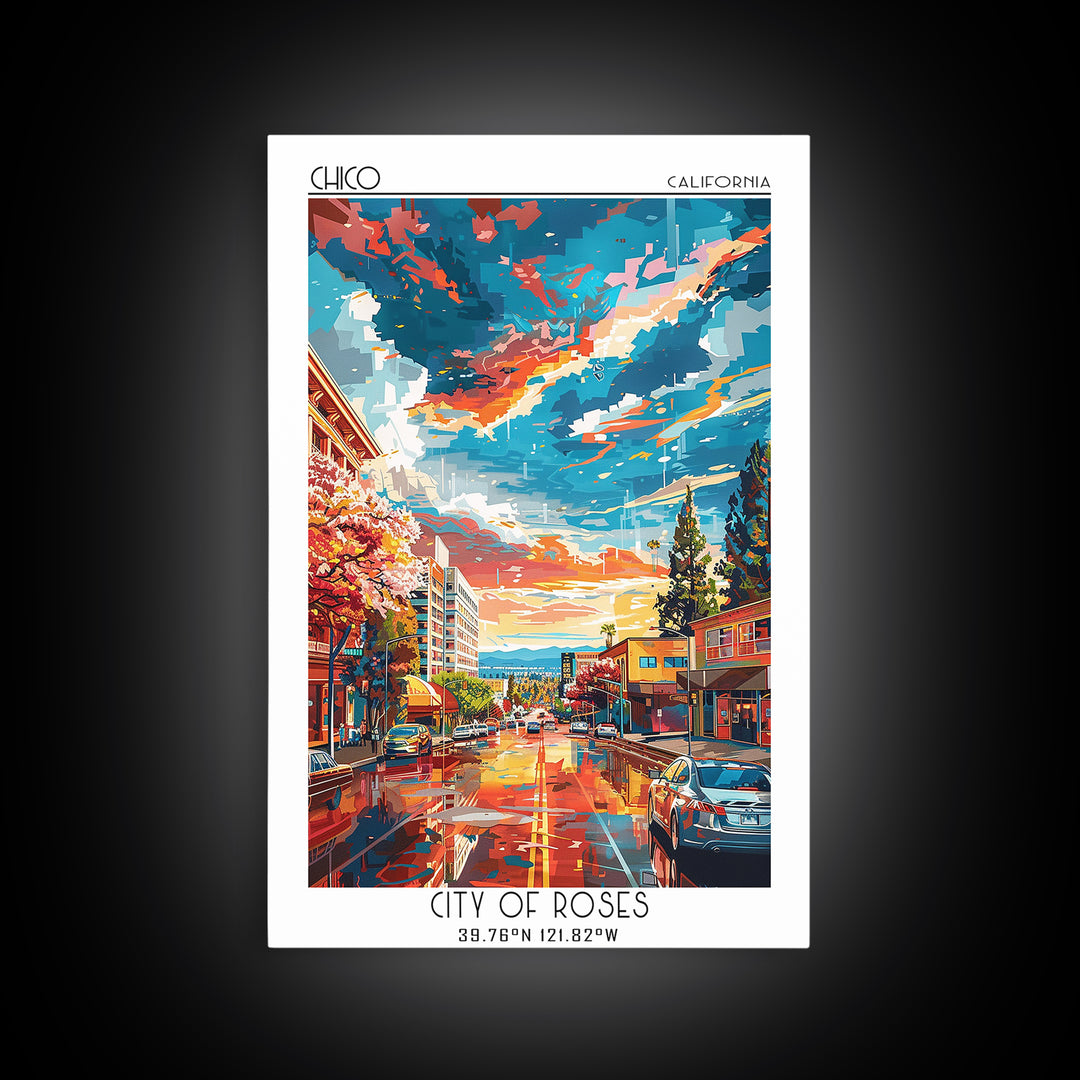 Chico Travel Poster, Framed Canvas Print, Travel Prints, Landscape Art, Art Print, Vintage Poster, City Wall Art, Retro Travel Print