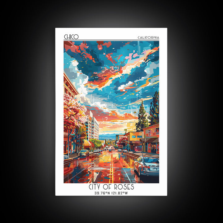 Chico Travel Poster, Framed Canvas Print, Travel Prints, Landscape Art, Art Print, Vintage Poster, City Wall Art, Retro Travel Print