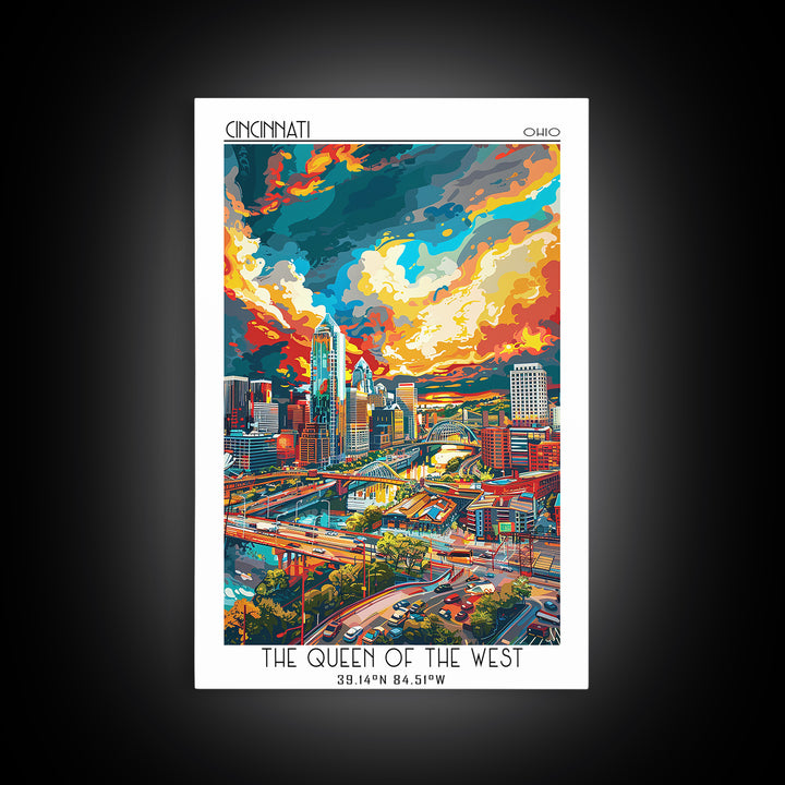 Cincinnati Travel Poster, Canvas Print, Travel Prints, Landscape Art, Vintage Travel, Wanderlust Gift, City Wall Art, Retro Wall Art