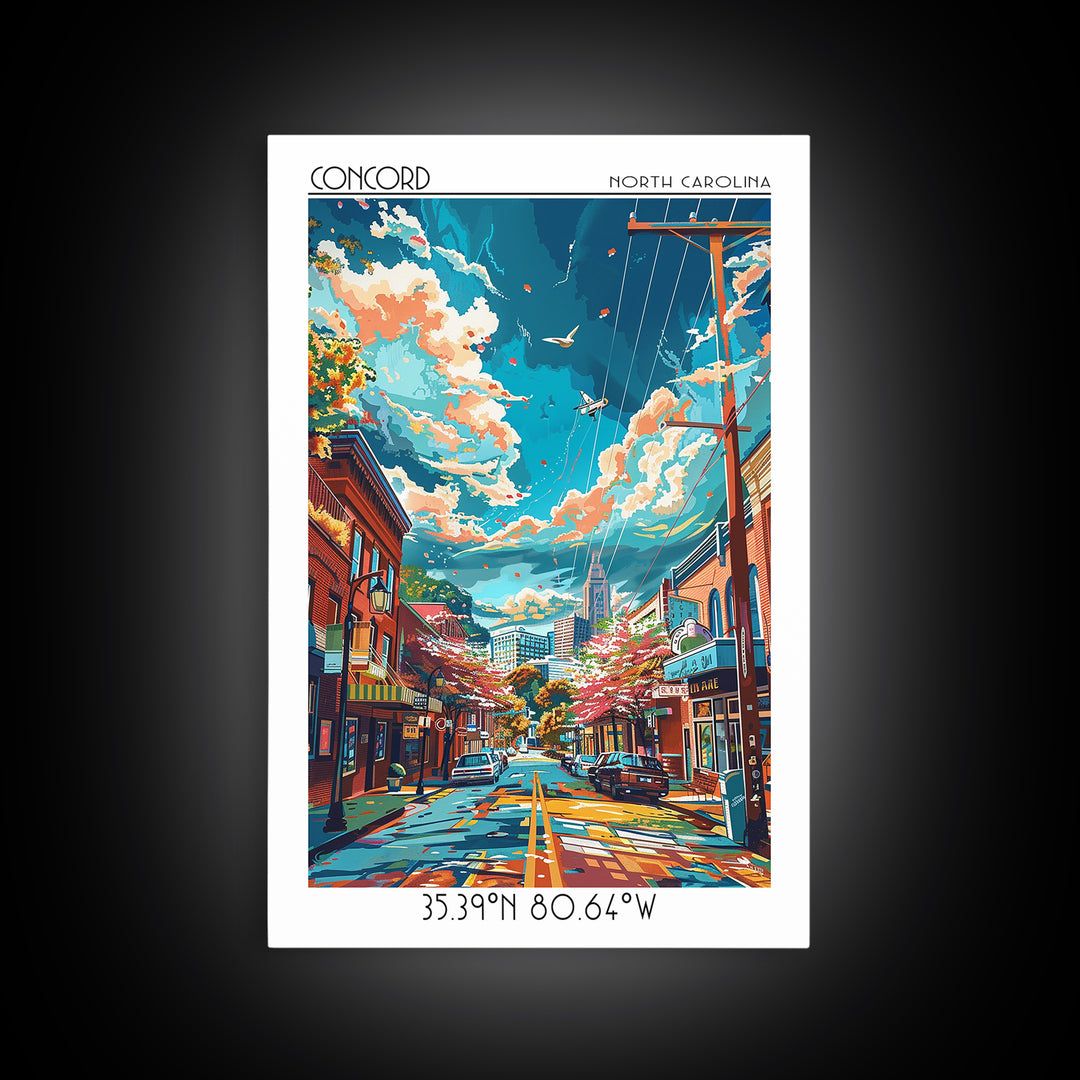 Concord North Carolina Travel Poster, Canvas Print, Retro Travel Poster, City Wall Art, Wanderlust Gift, Landscape Art, Travel Print