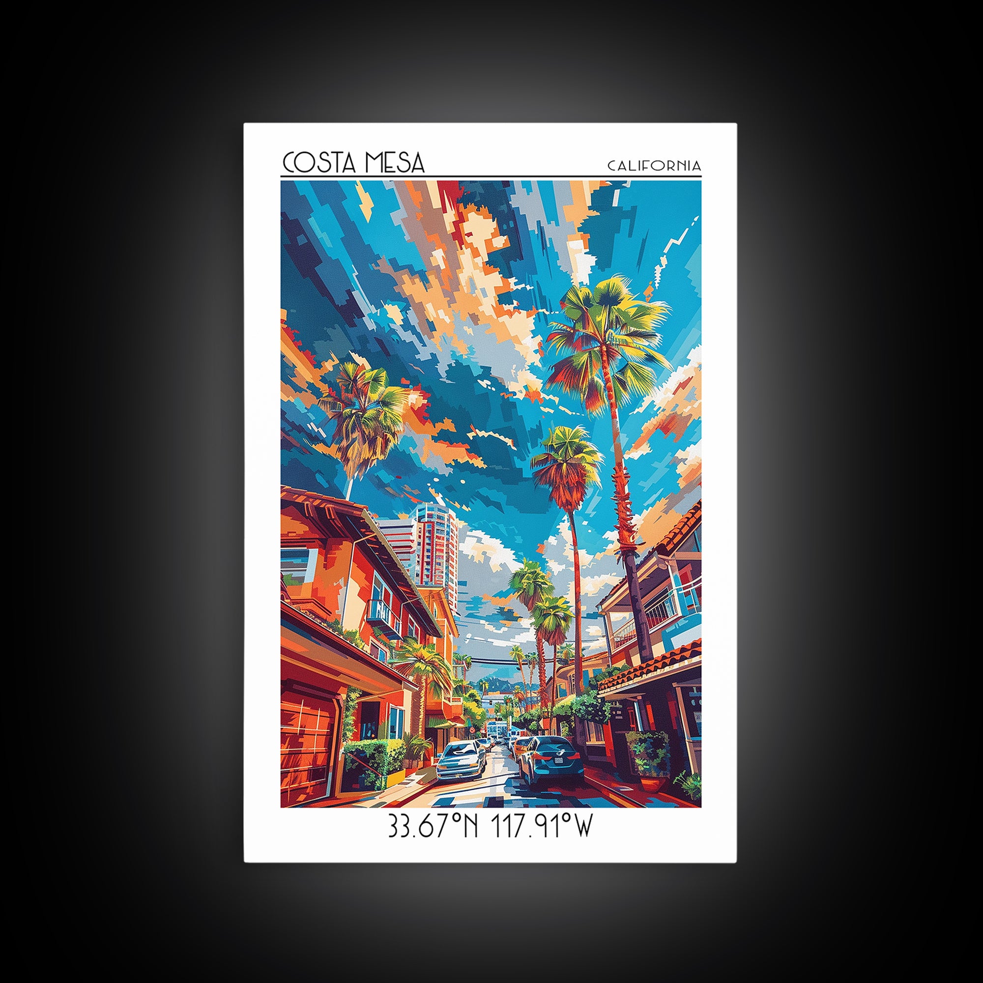 Costa Mesa Travel Poster, Framed Canvas Print, City Travel Poster, Vintage City Poster, Wall Art, City Illustration, Wanderlust Gift