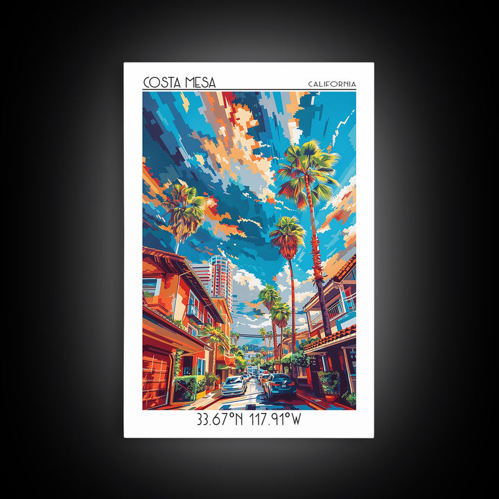Costa Mesa Travel Poster, Framed Canvas Print, City Travel Poster, Vintage City Poster, Wall Art, City Illustration, Wanderlust Gift