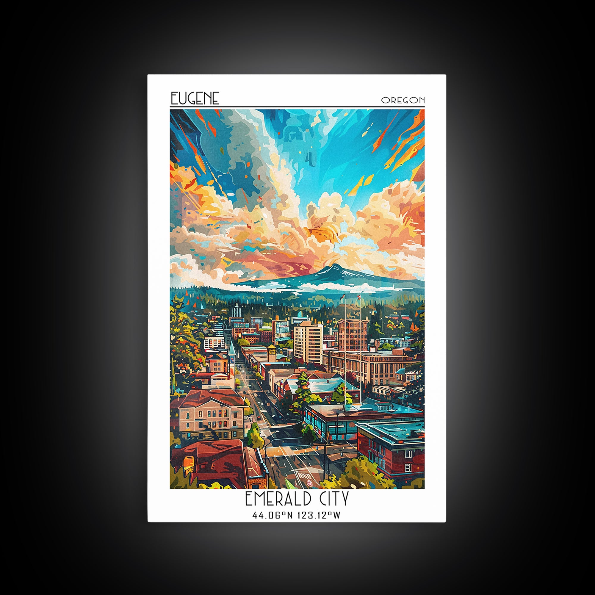Eugene Travel Poster, Framed Canvas Print, Retro Travel Poster, City Wall Art, Wanderlust Gift, Vintage Travel Print, Fine Art Print
