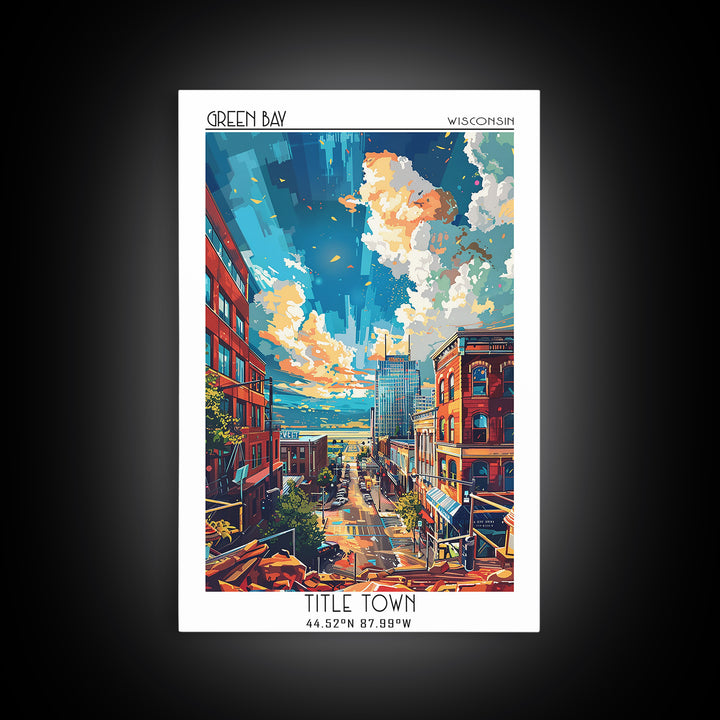 Green Bay Travel Poster, Framed Canvas Print, Retro Wall Art, Travel Print, Vintage Travel Art, Mid Century Wall Art, City Art Print