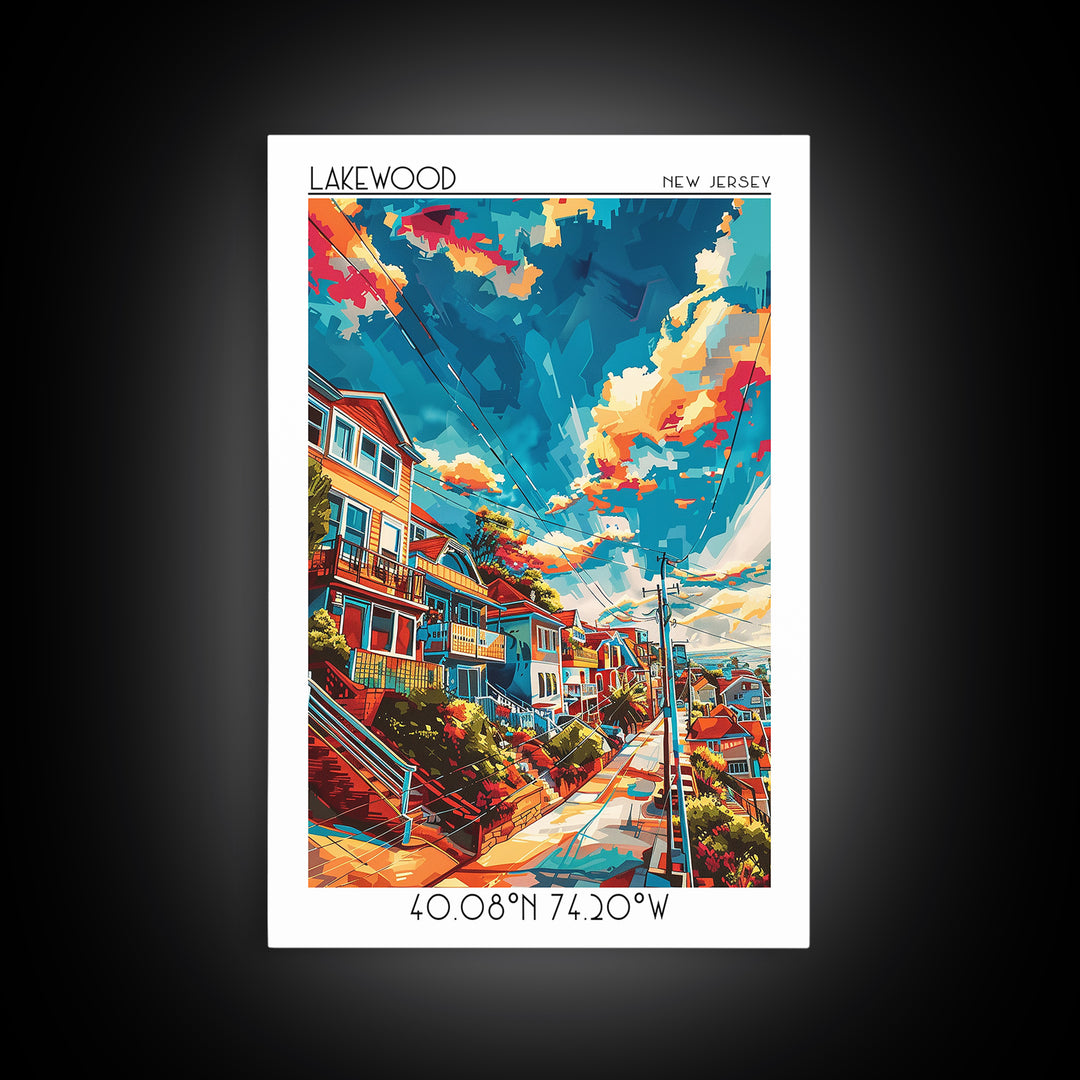 Lakewood New Jersey Travel Poster, Framed Canvas Print, Vintage Travel Print, City Wall Art, City Illustration, Mid Century Wall Art