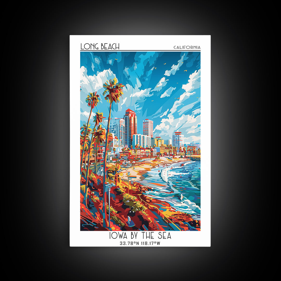 Long Beach Travel Poster, Framed Canvas Print, Travel Prints, Landscape Art, Watercolor Cityscape, Retro Wall Art, Colorful Wall Art