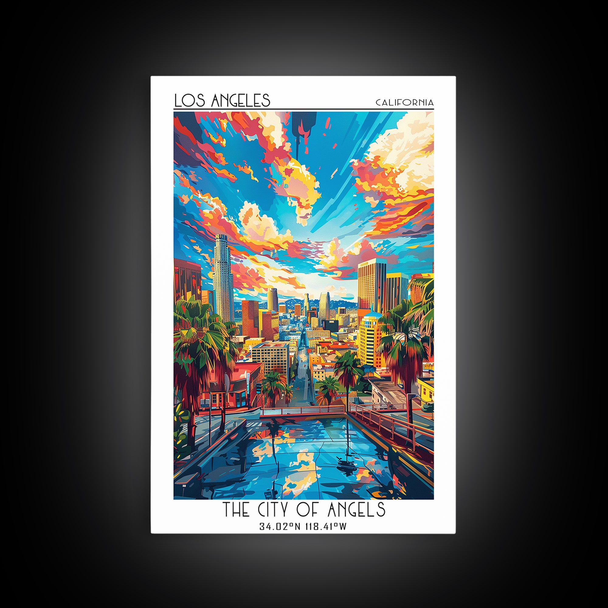 Los Angeles Travel Poster, Framed Canvas Print, Travel Prints, Landscape Art, Travel Wall Decor, Retro Wall Art, Retro Travel Poster