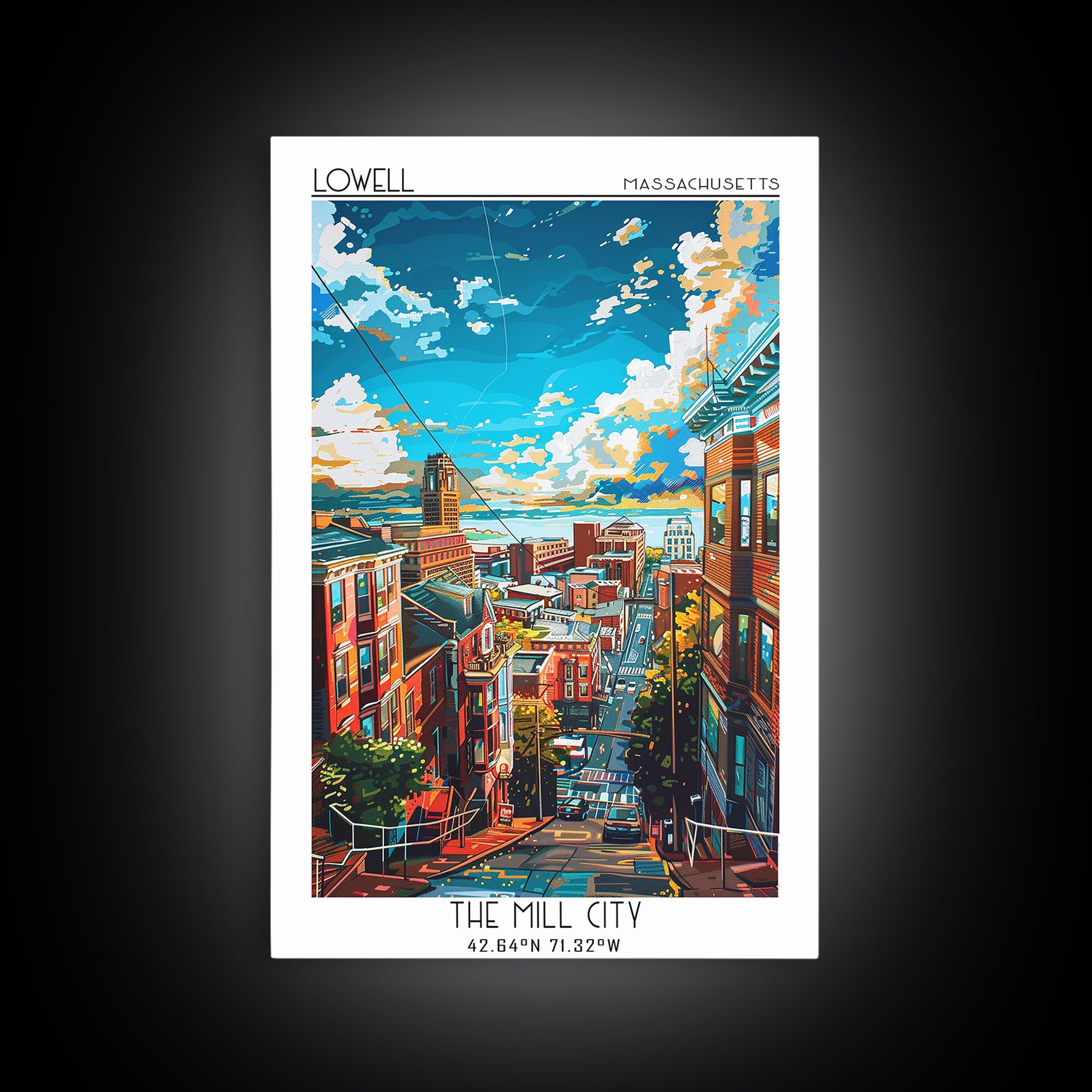 Lowell Travel Poster, Framed Canvas Print, City Travel Poster, Travel Wall Art, Watercolor Cityscape, Home Decor, Retro Travel Print