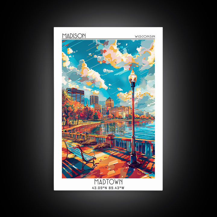 Madison Travel Poster, Framed Canvas Print, Travel Wall Art, City Wall Art, Retro Travel Poster, Travel Prints, Mid Century Wall Art