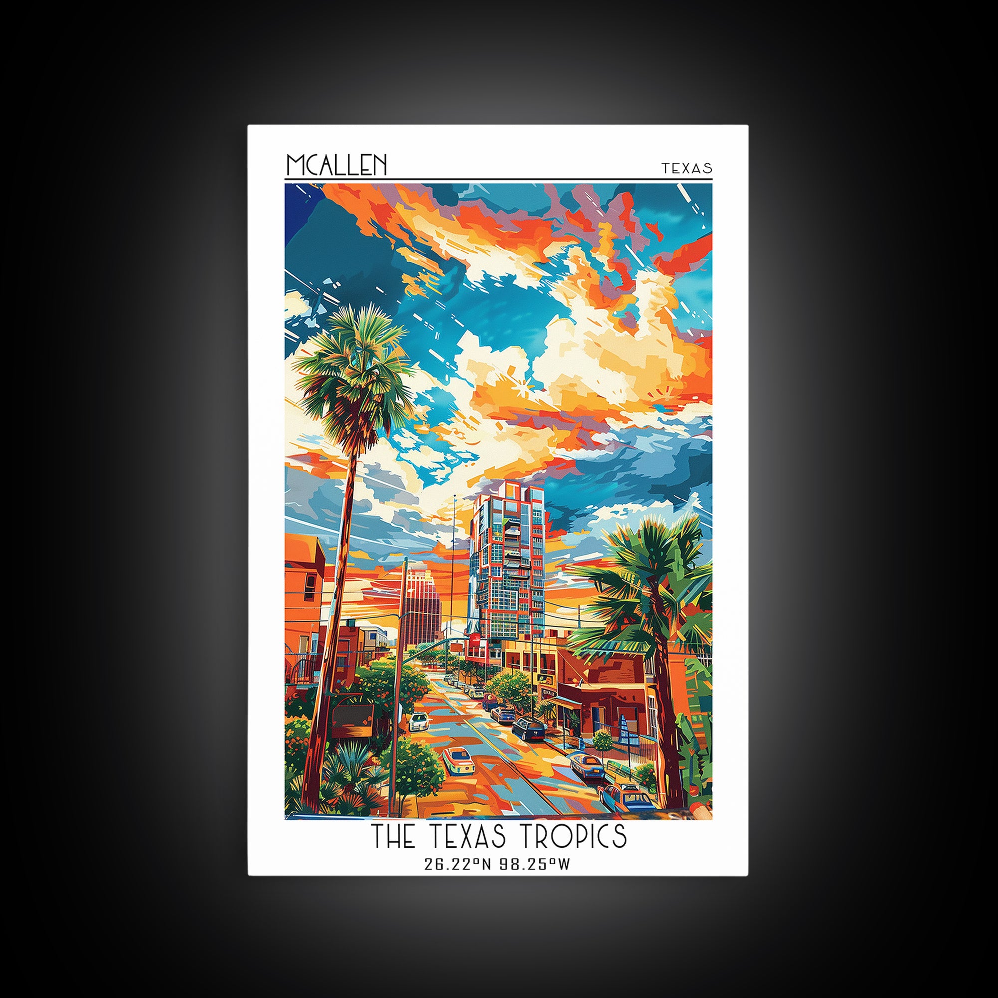 McAllen Travel Poster, Framed Canvas Print, Retro Wall Art, Travel Print, Home Decor, City Illustration, Art Print, Travel Art Print
