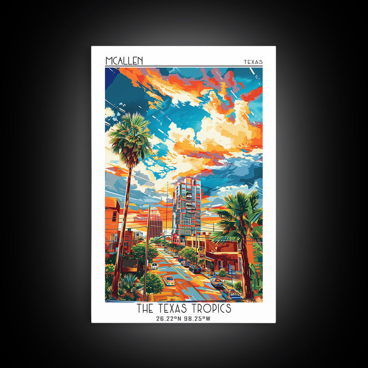 McAllen Travel Poster, Framed Canvas Print, Retro Wall Art, Travel Print, Home Decor, City Illustration, Art Print, Travel Art Print