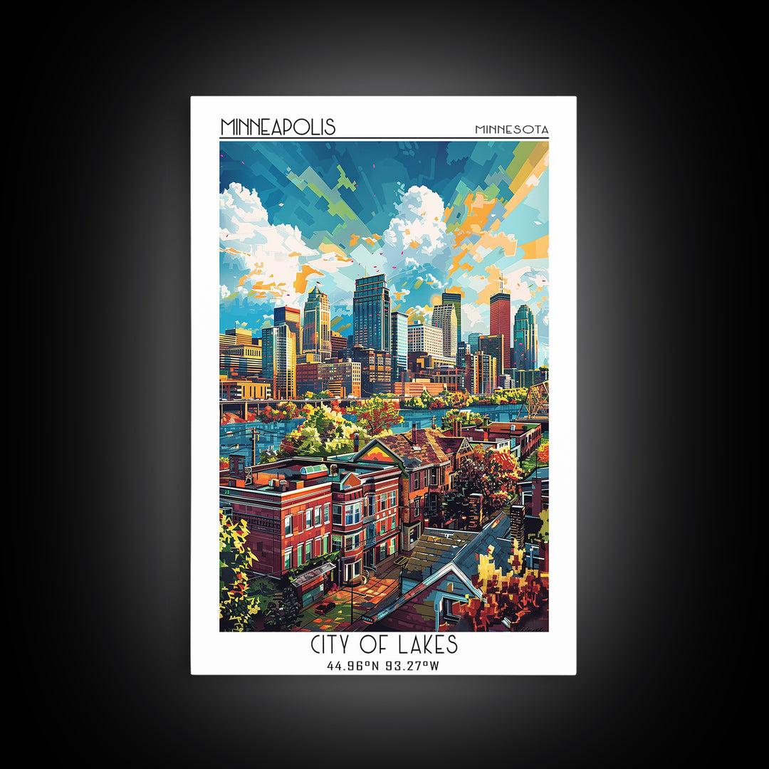 Minneapolis Travel Poster, Framed Canvas Print, Travel Wall Art, City Wall Art, Wanderlust Gift, Vintage Posters, Vintage Travel Art