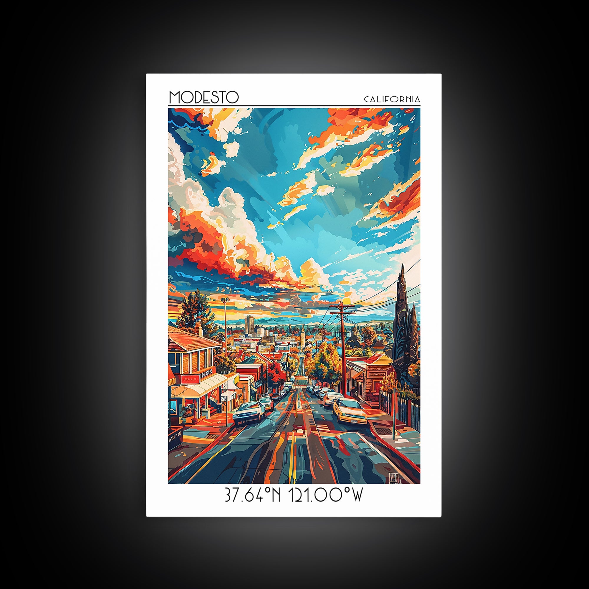 Modesto Travel Poster, Framed Canvas Print, Retro Wall Art, Travel Print, Vintage Travel, Travel Wall Art, Poster Art, City Wall Art