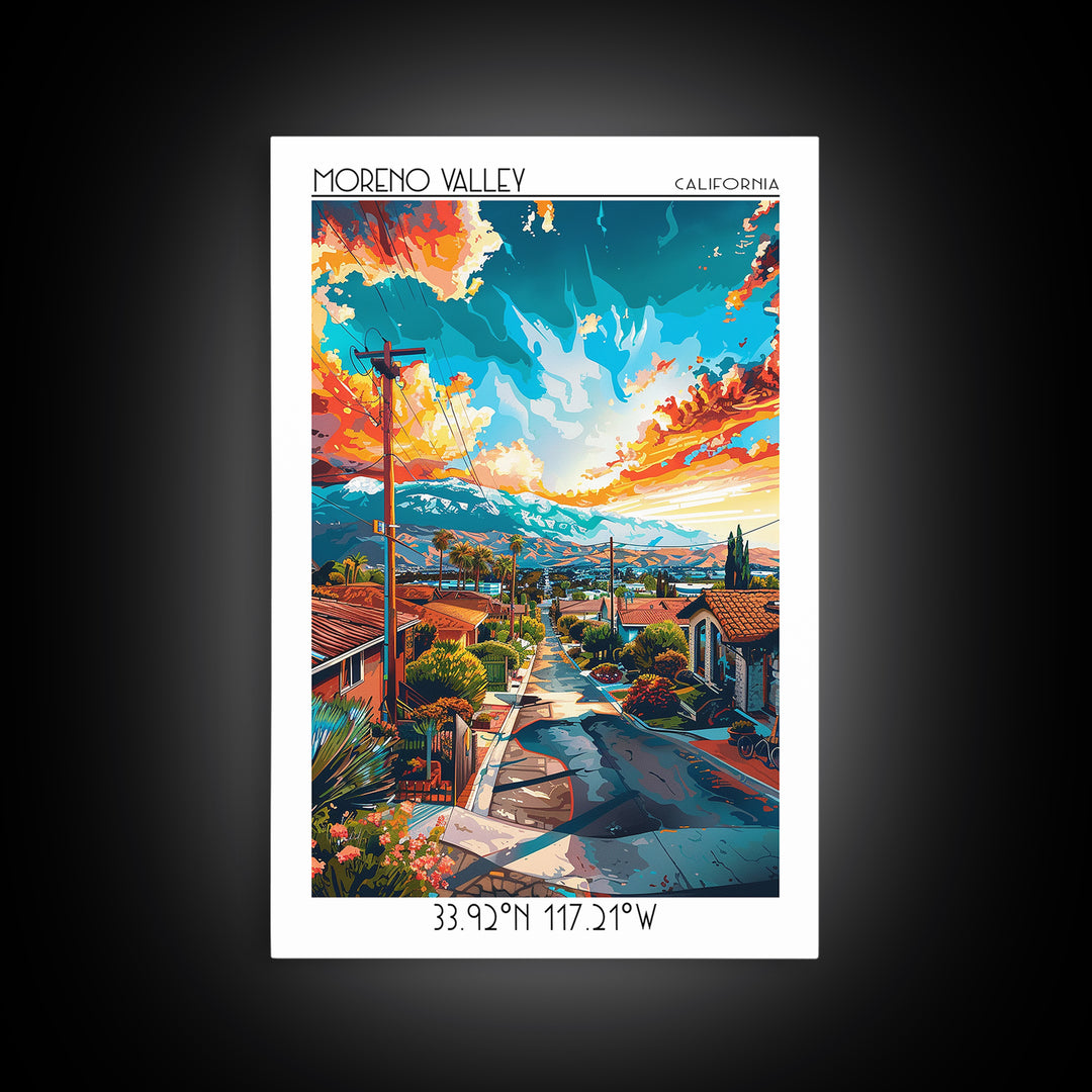 Moreno Valley Travel Poster, Framed Canvas Print, Poster Print, Travel Wall Art, Travel Posters, Mid Century Wall Art, City Wall Art