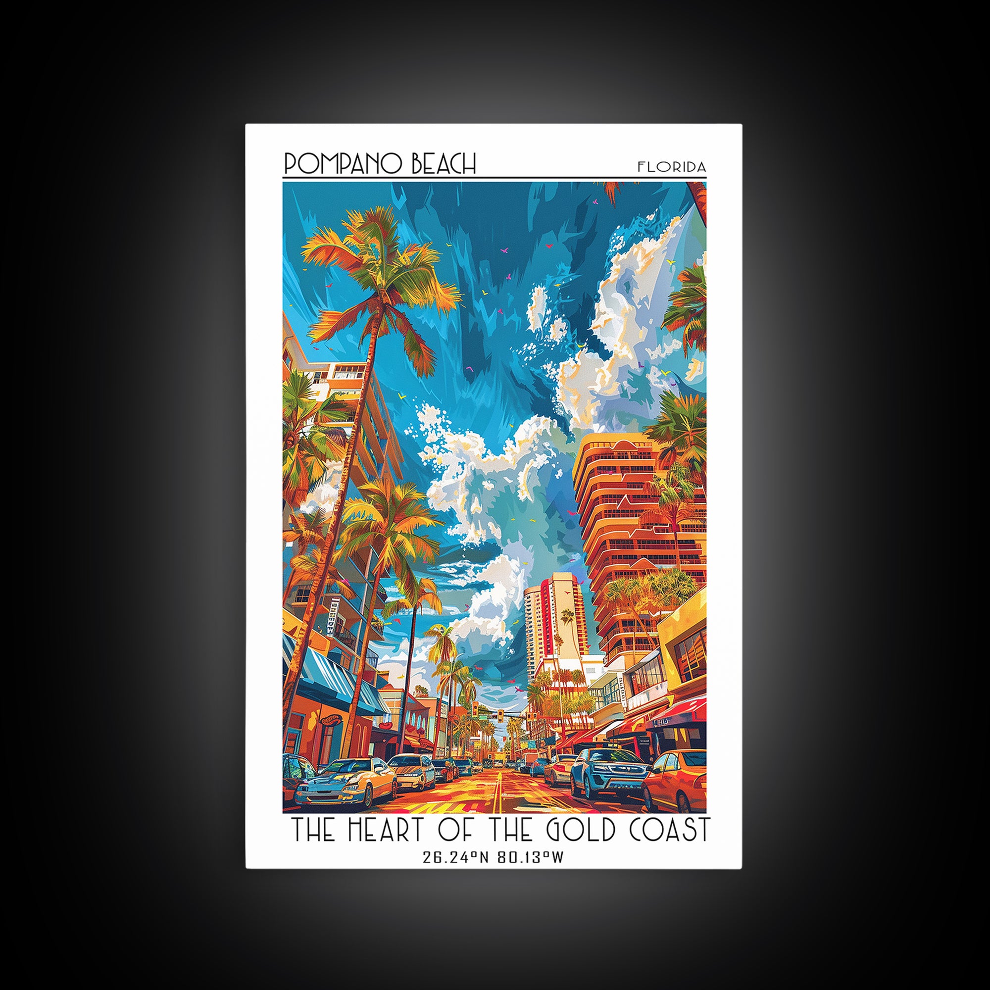 Pompano Beach Travel Poster, Framed Canvas Print, Travel Prints, Landscape Art, Minimalist Poster, Vintage City Poster, Travel Print