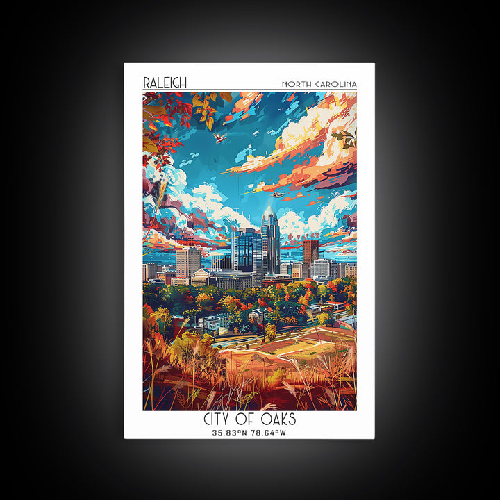 Raleigh Travel Poster, Framed Canvas Print, Travel Prints, Landscape Art, City Travel Poster, Gallery Wall Set, Mid Century Wall Art