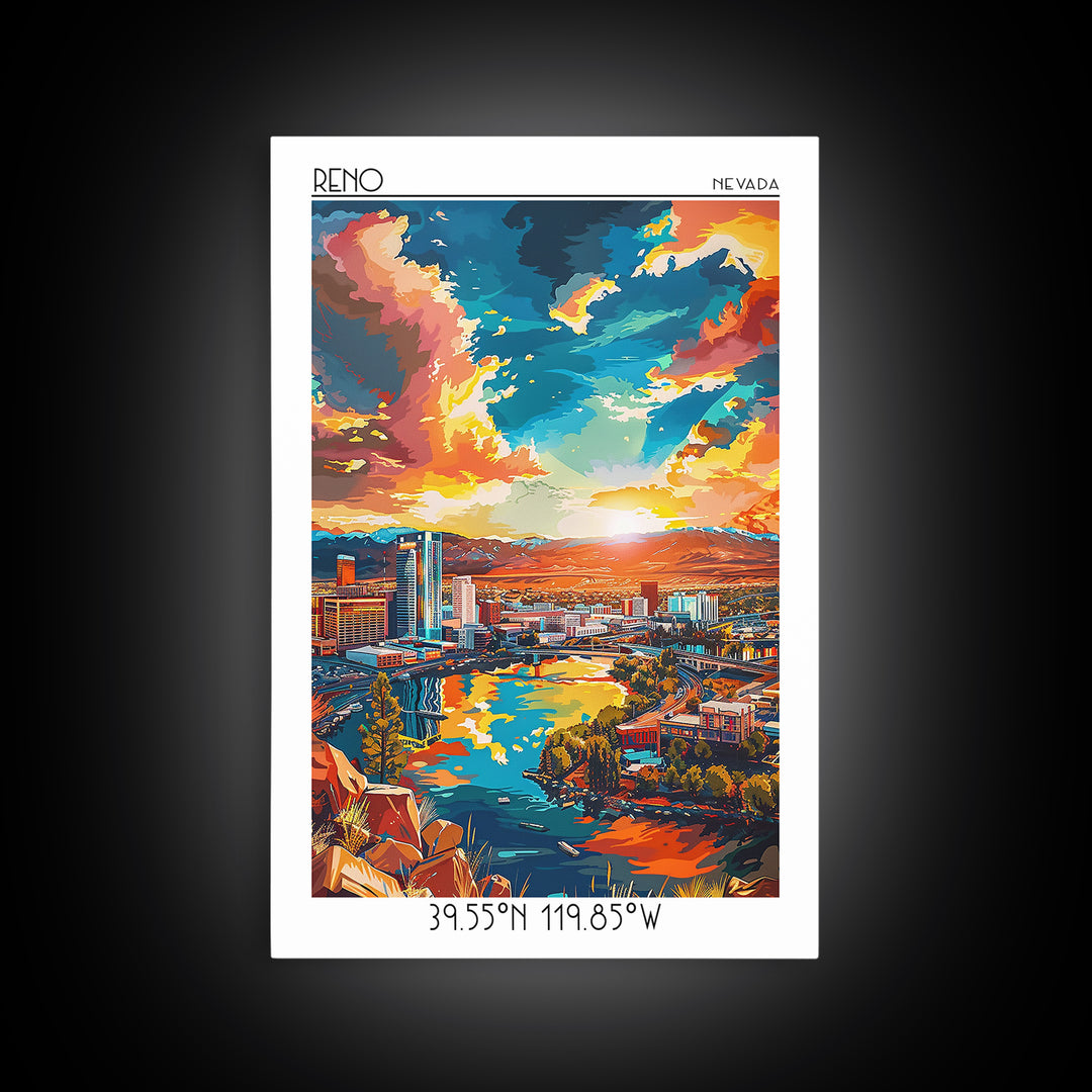 Reno Travel Poster, Framed Canvas Print, City Travel Poster, Travel Wall Art, City Illustration, Vintage City Poster, Retro Wall Art