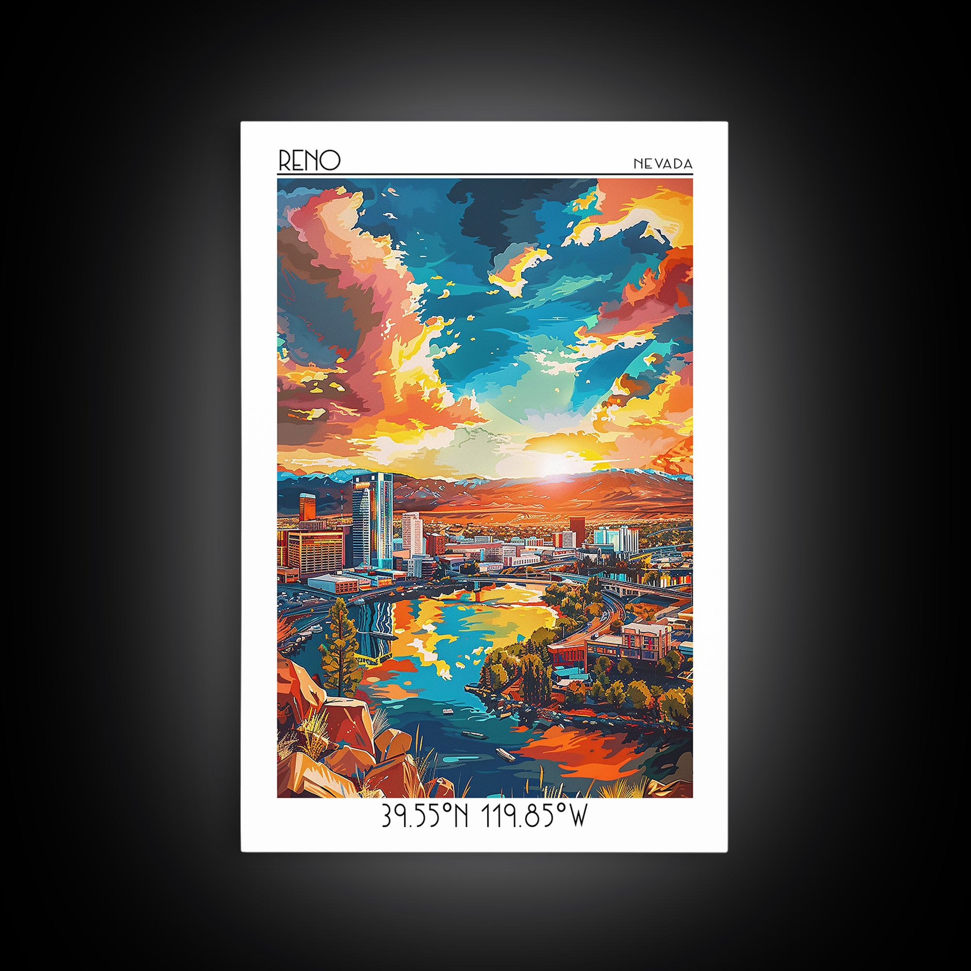 Reno Travel Poster, Framed Canvas Print, City Travel Poster, Travel Wall Art, City Illustration, Vintage City Poster, Retro Wall Art