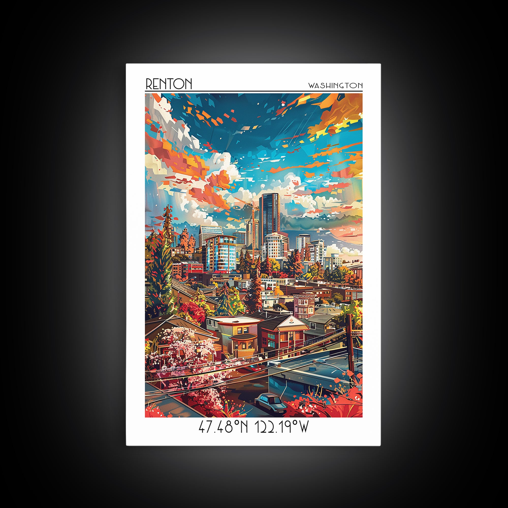 Renton Travel Poster, Canvas Print, Poster Print, Travel Wall Art, Wanderlust Gift, City Illustration, Vintage Poster, Travel Prints