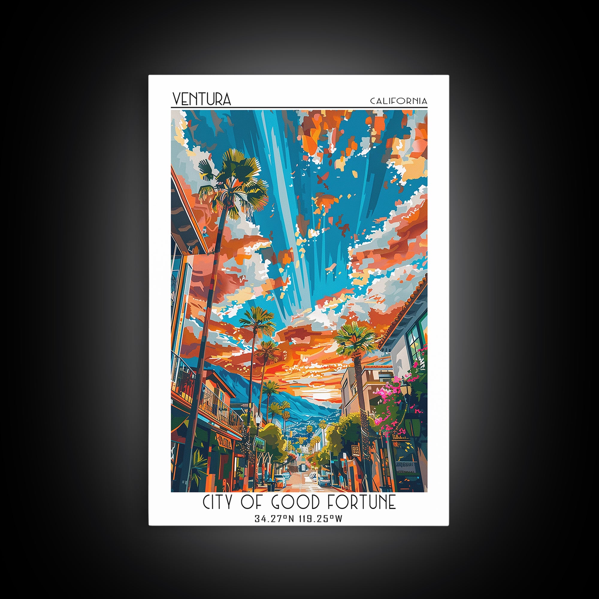 Ventura Travel Poster, Framed Canvas Print, Travel Wall Art, City Wall Art, Vintage Travel Print, Retro Travel Print, City Art Print