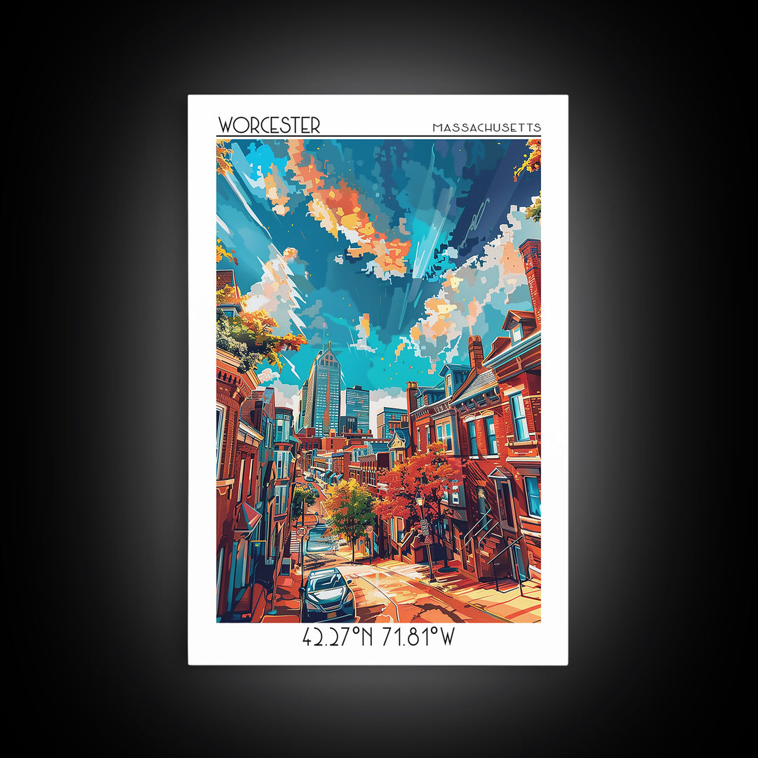 Worcester Travel Poster, Framed Canvas Print, Travel Wall Art, City Wall Art, Vintage Poster, City Illustration, Vintage City Poster