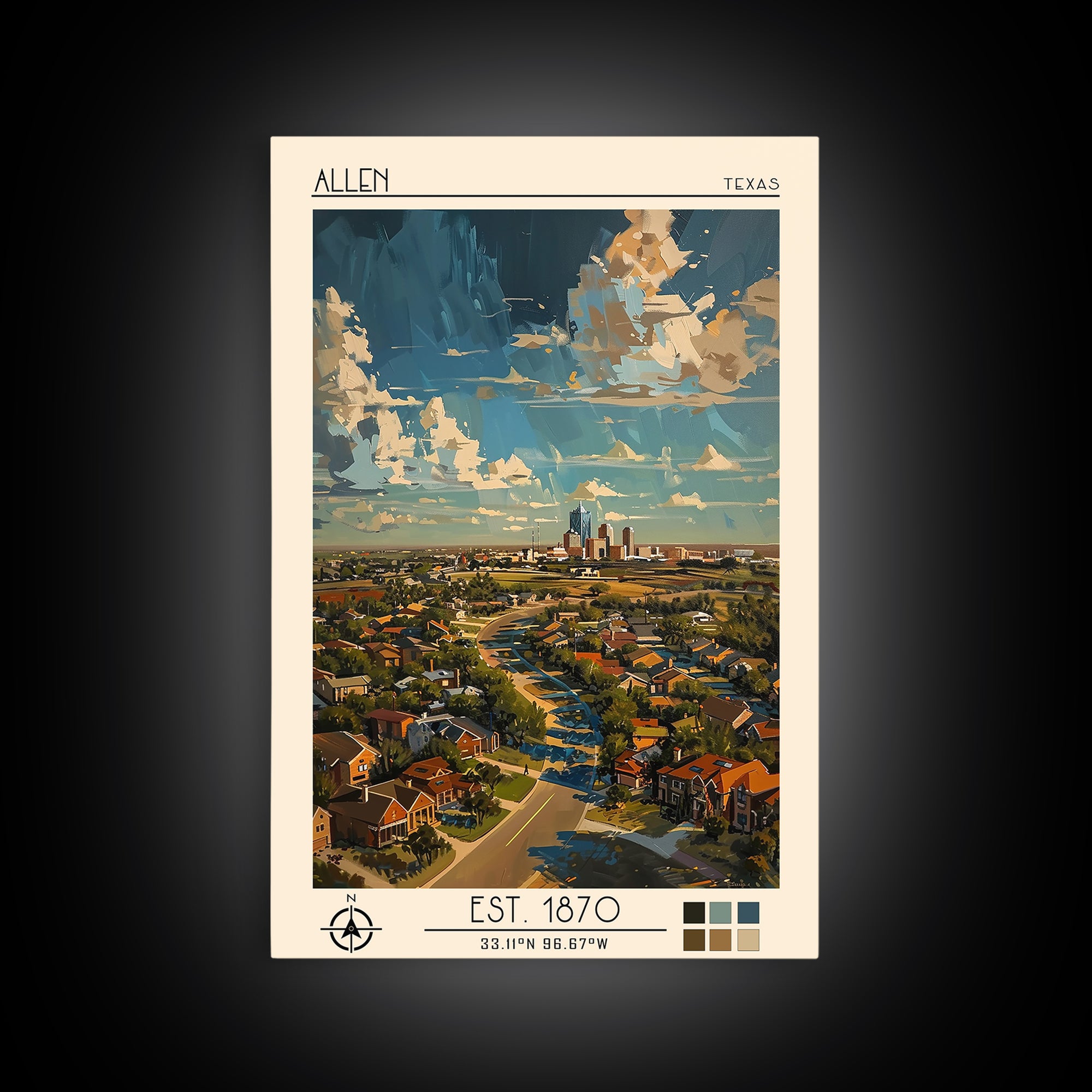 Allen Travel Poster, Canvas Print, City Travel Poster, Vintage City Poster, City Illustration, Wanderlust Gift, Mid Century Wall Art