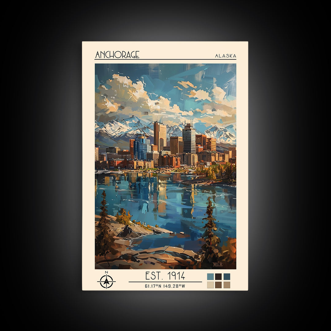 Anchorage Travel Poster, Framed Canvas Print, Travel Prints, Landscape Art, Fine Art Print, City Travel Poster, Living Room Wall Art