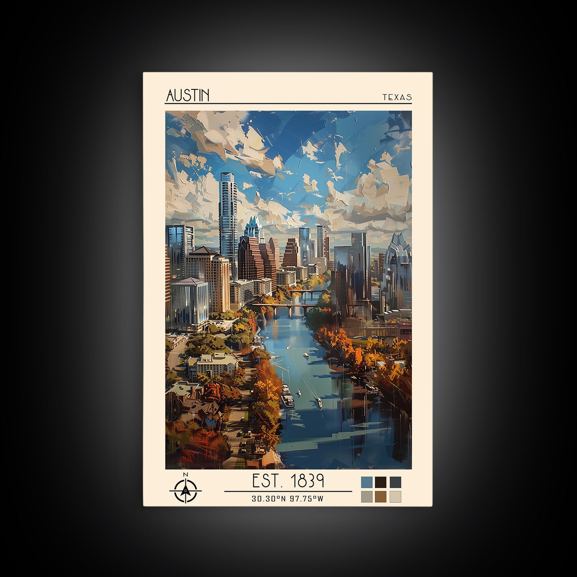 Austin Travel Poster, Framed Canvas Print, City Travel Poster, Travel Wall Art, Wanderlust Gift, Travel Art Print, City Illustration