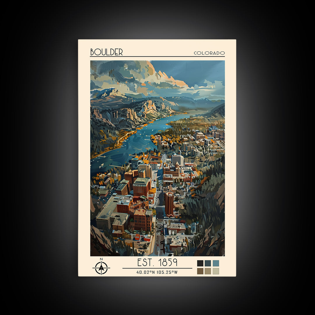 Boulder Travel Poster, Framed Canvas Print, City Travel Poster, Travel Wall Art, Colorful Wall Art, City Illustration, Landscape Art