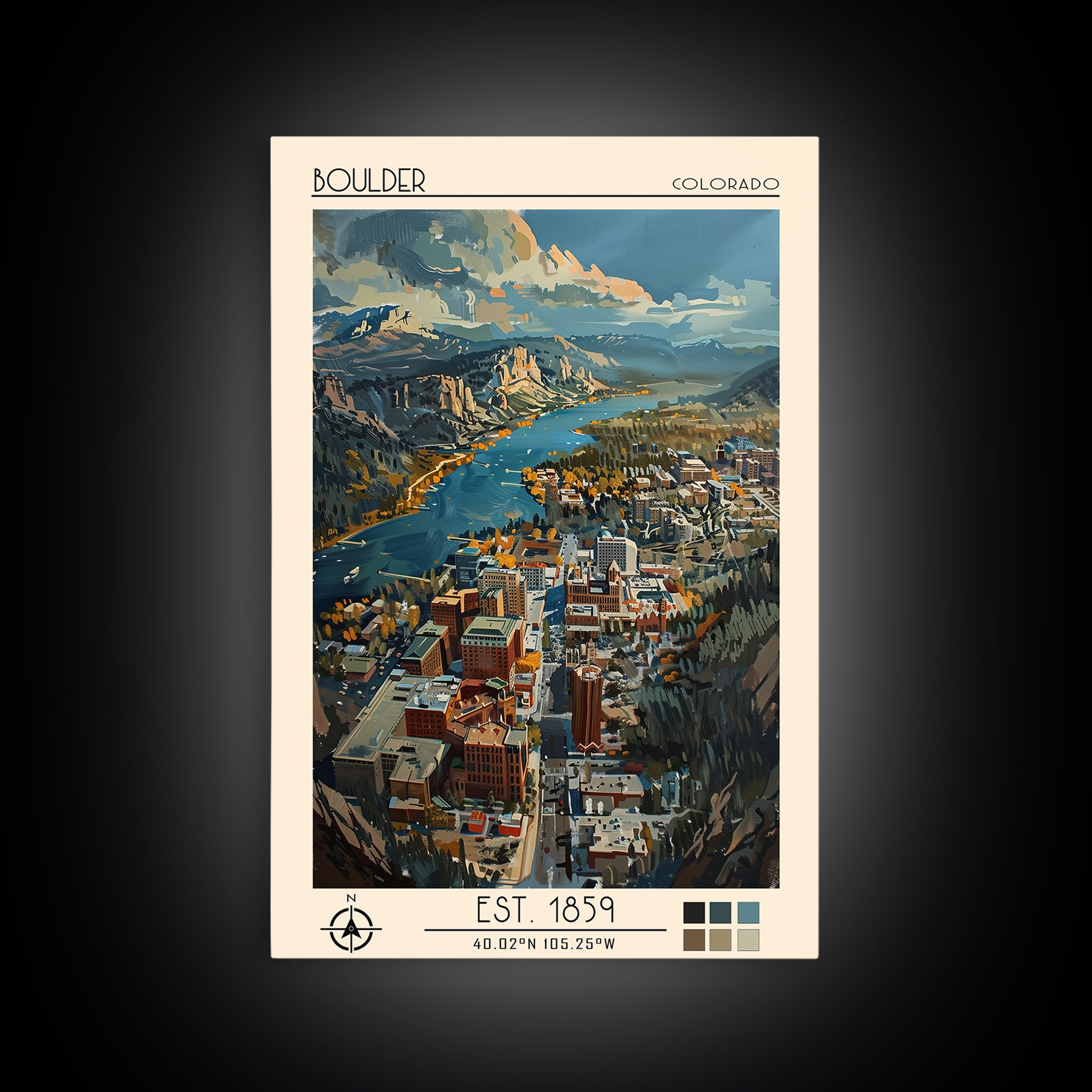 Boulder Travel Poster, Framed Canvas Print, City Travel Poster, Travel Wall Art, Colorful Wall Art, City Illustration, Landscape Art