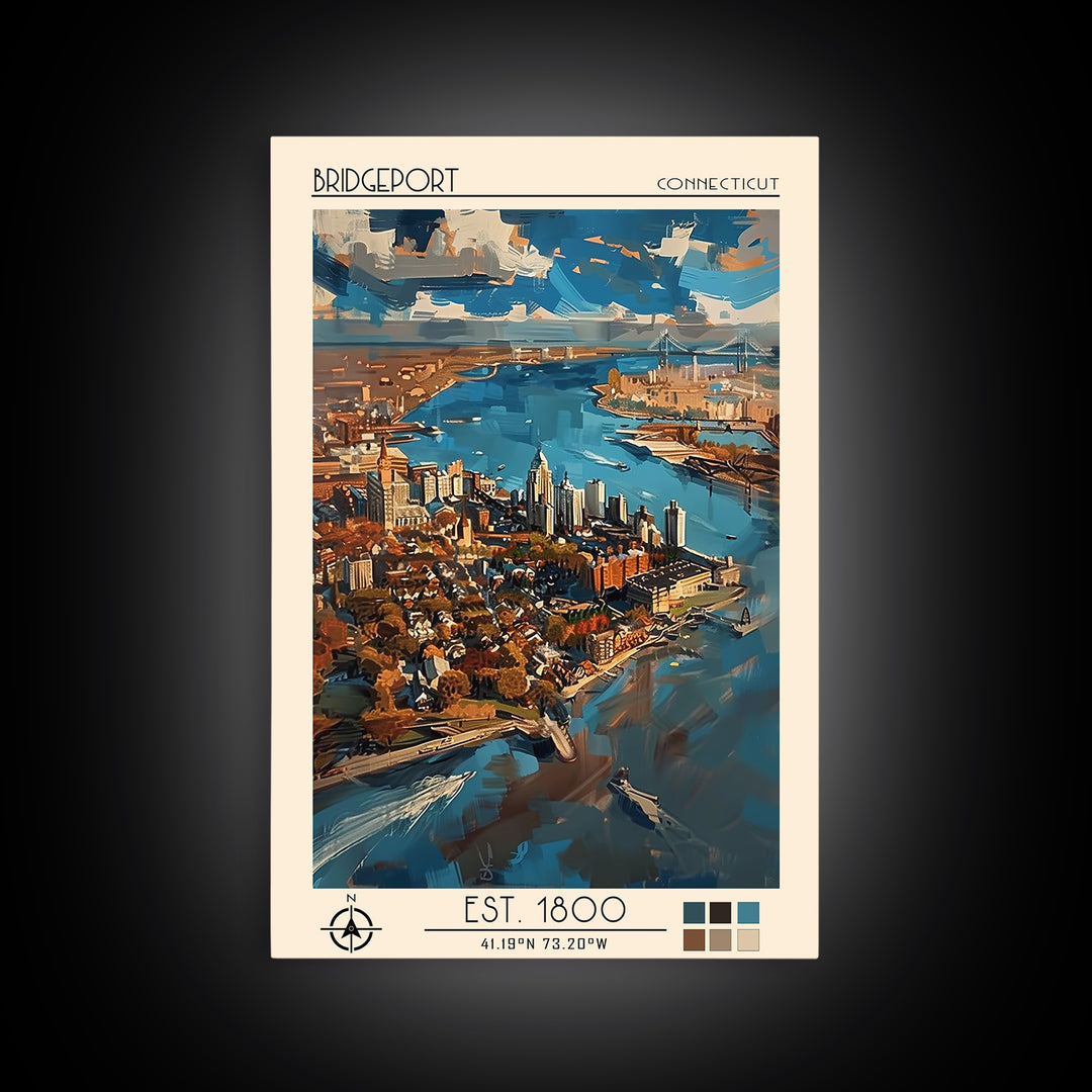 Bridgeport Travel Poster, Canvas Print, Retro Travel Poster, City Wall Art, Travel Wall Art, Colorful Wall Art, Watercolor Cityscape