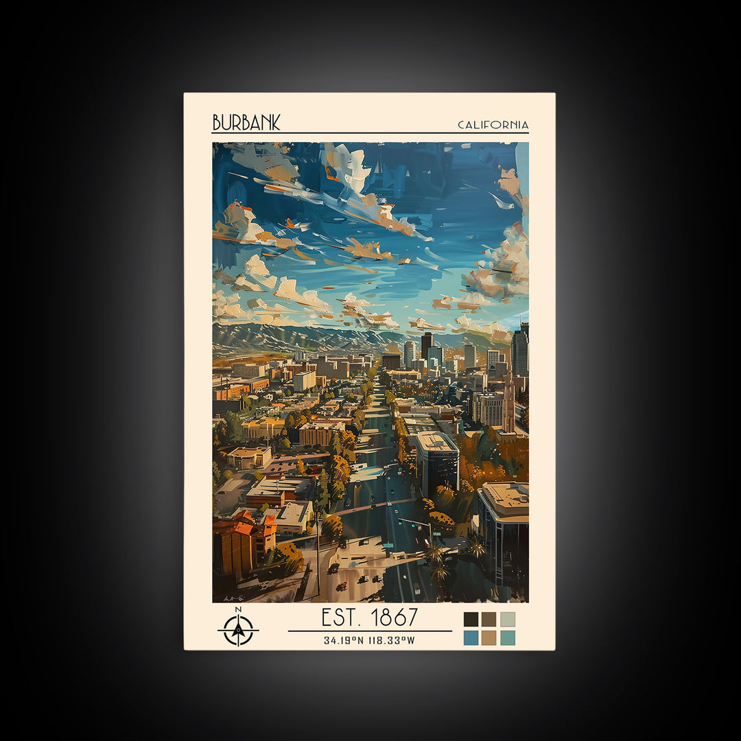 Burbank Travel Poster, Canvas Print, City Travel Poster, Travel Wall Decor, Living Room Wall Art, Travel Wall Art, Colorful Wall Art