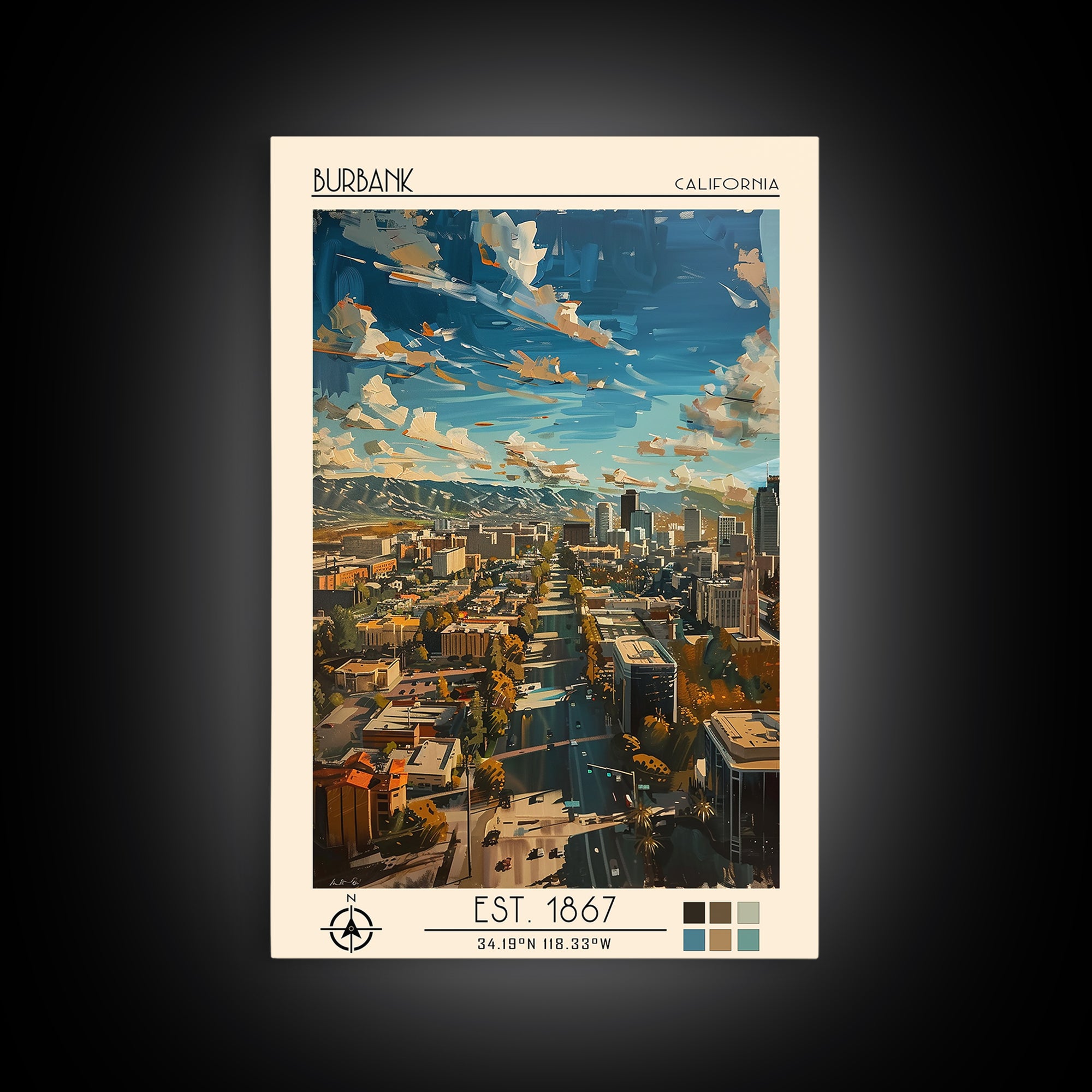 Burbank Travel Poster, Canvas Print, City Travel Poster, Travel Wall Decor, Living Room Wall Art, Travel Wall Art, Colorful Wall Art