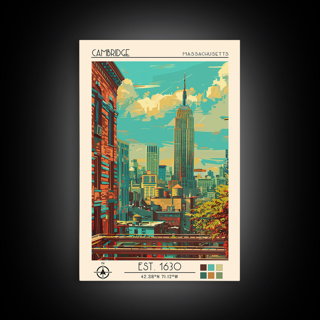 Cambridge Travel Poster, Framed Canvas Print, Retro Travel Poster, City Wall Art, Fine Art Print, Travel Print, Wall Art, Home Decor