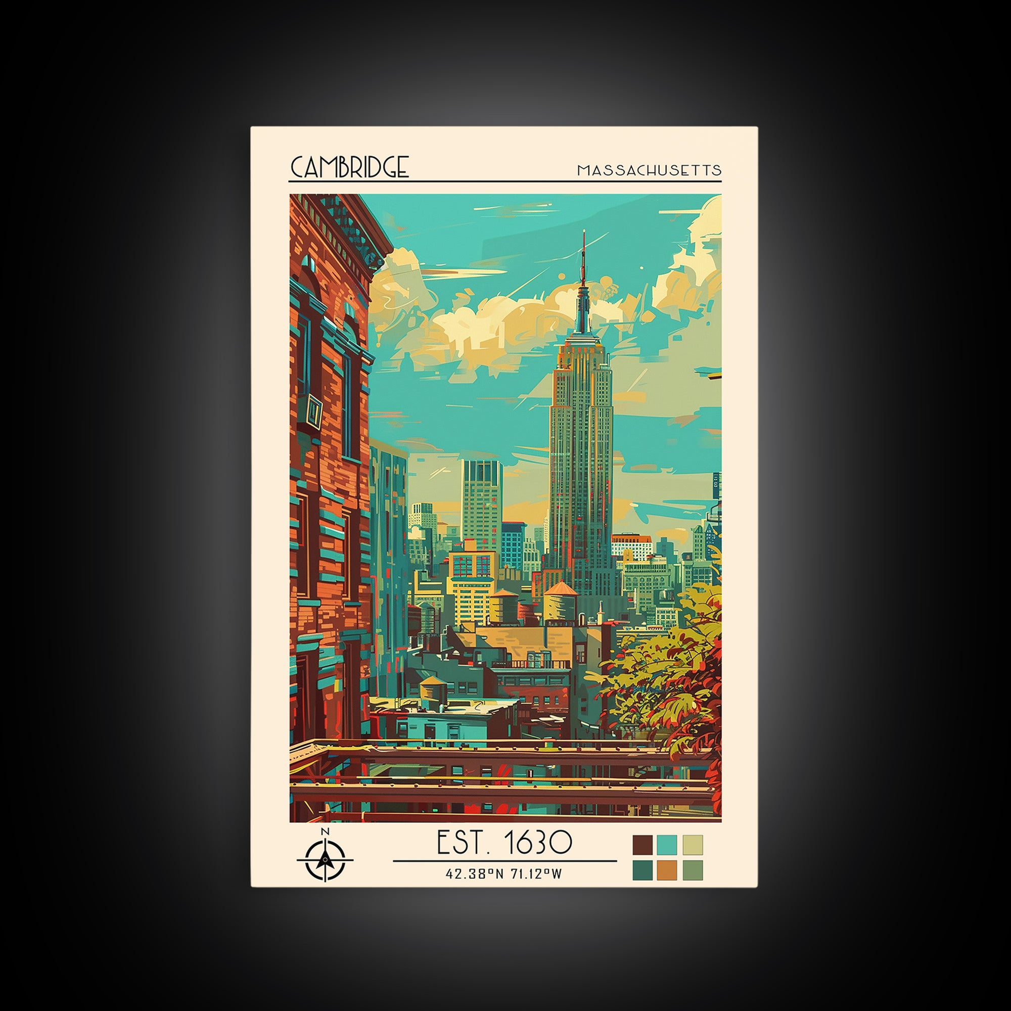 Cambridge Travel Poster, Framed Canvas Print, Retro Travel Poster, City Wall Art, Fine Art Print, Travel Print, Wall Art, Home Decor
