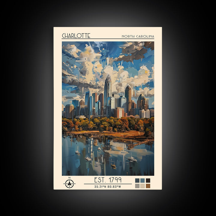 Charlotte Travel Poster, Framed Canvas Print, Travel Art Print, Modern Wall Decor, Wanderlust Gift, Watercolor Cityscape, Poster Art