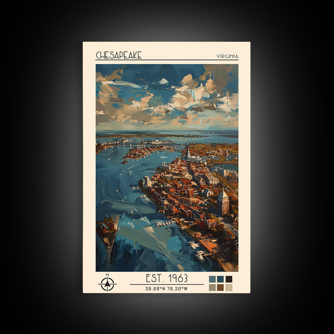 Chesapeake Travel Poster, Framed Canvas Print, Retro Wall Art, Travel Print, Watercolor Cityscape, Travel Posters, Minimalist Poster