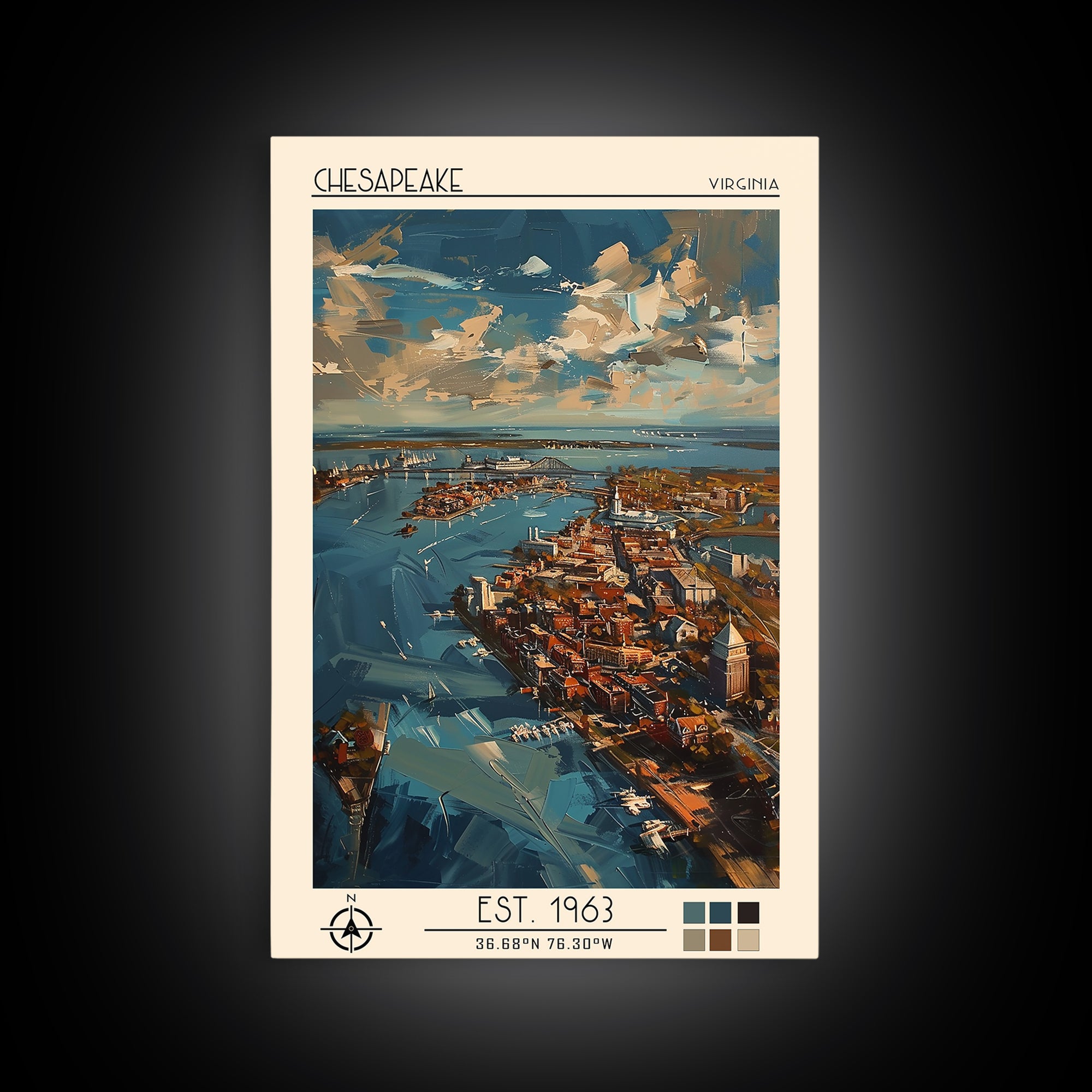 Chesapeake Travel Poster, Framed Canvas Print, Retro Wall Art, Travel Print, Watercolor Cityscape, Travel Posters, Minimalist Poster