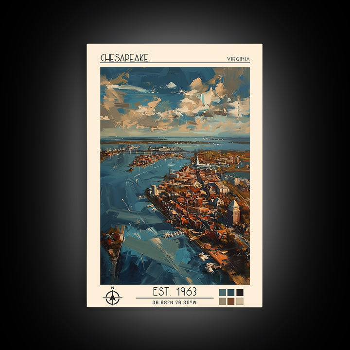 Chesapeake Travel Poster, Framed Canvas Print, Retro Wall Art, Travel Print, Watercolor Cityscape, Travel Posters, Minimalist Poster
