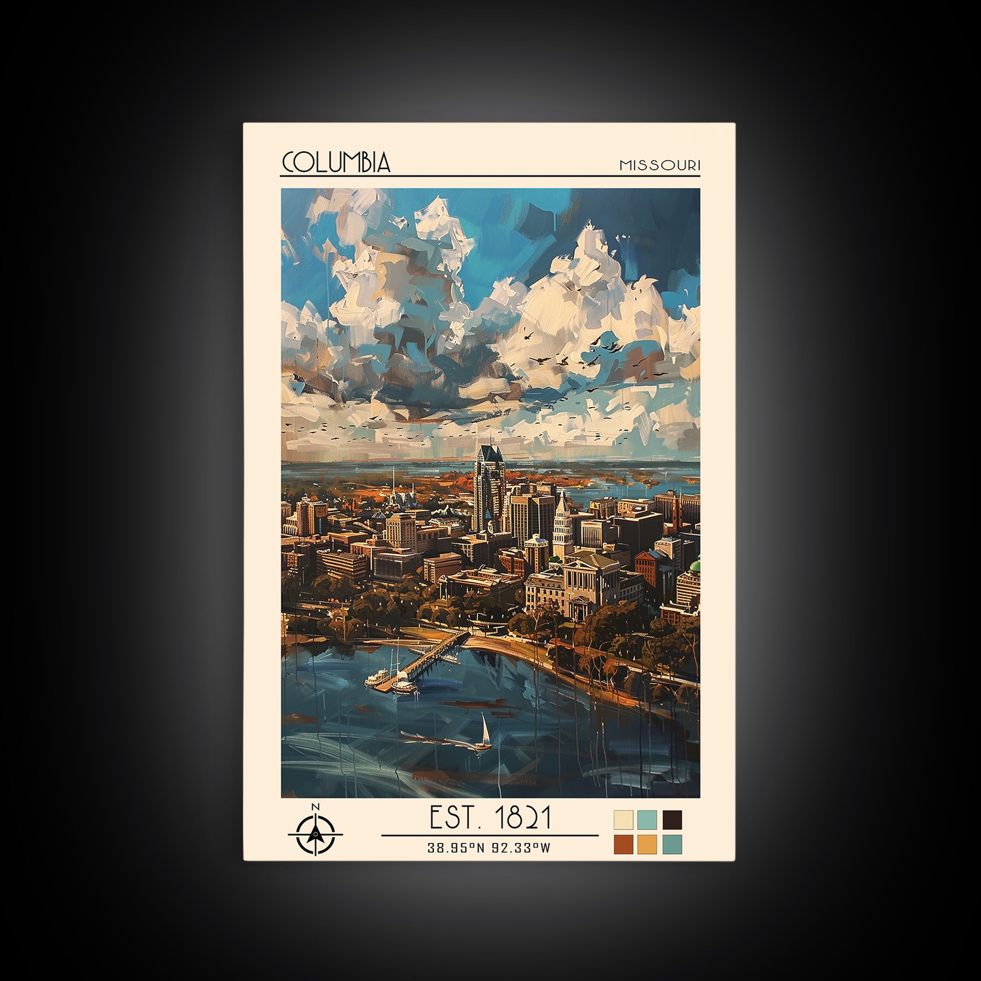 Columbia South Carolina Travel Poster, Framed Canvas Print, Travel Art Print, Modern Wall Decor, Living Room Wall Art, City Wall Art
