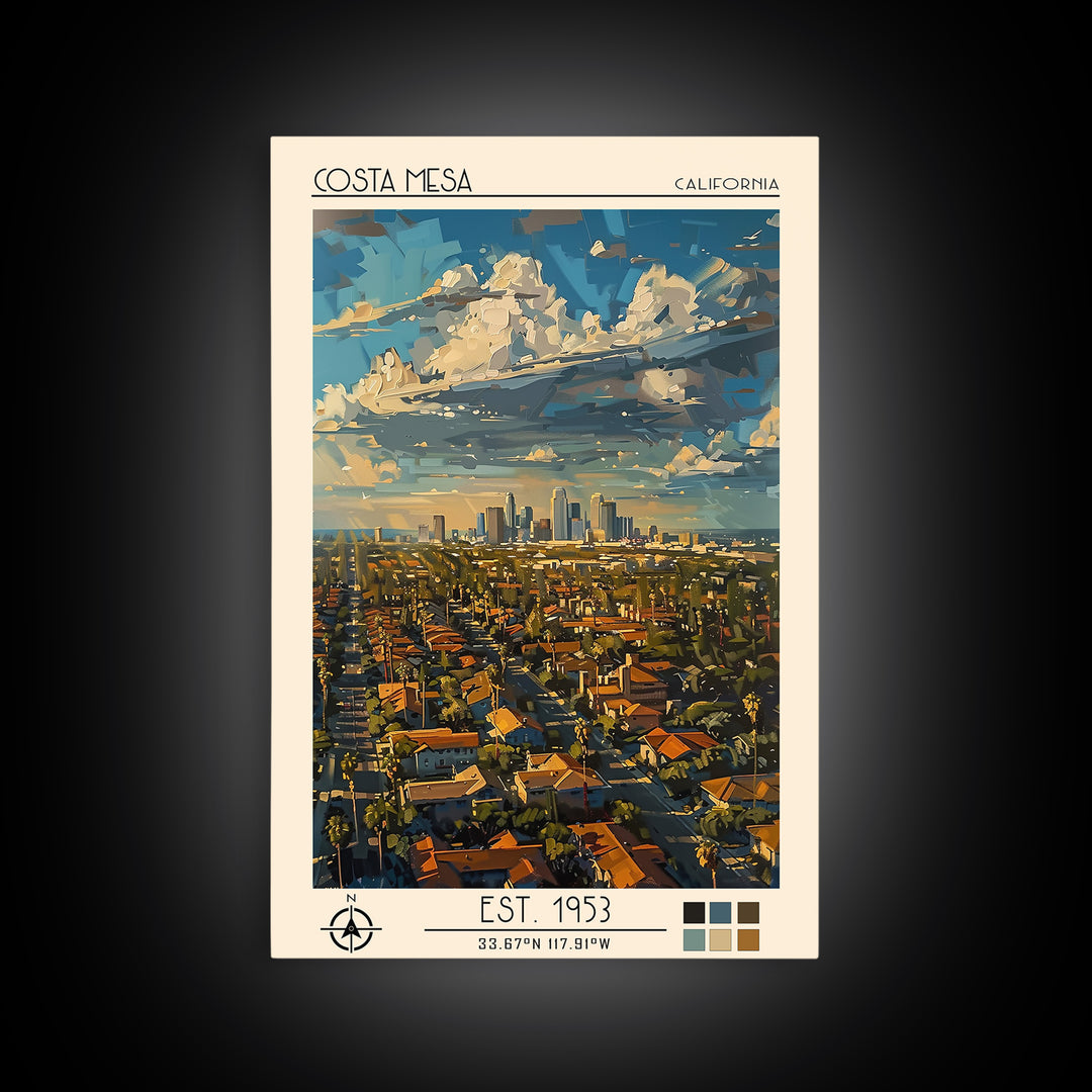 Costa Mesa Travel Poster, Framed Canvas Print, Travel Prints, Landscape Art, Travel Wall Decor, Fine Art Print, Living Room Wall Art