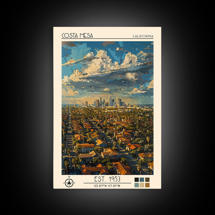 Costa Mesa Travel Poster, Framed Canvas Print, Travel Prints, Landscape Art, Travel Wall Decor, Fine Art Print, Living Room Wall Art