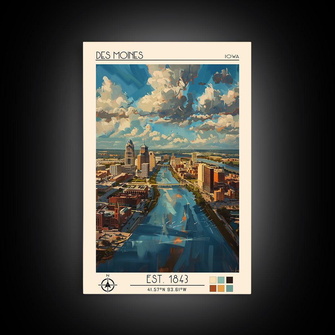 Des Moines Travel Poster, Framed Canvas Print, Retro Wall Art, Travel Print, Travel Art Print, Travel Wall Decor, City Travel Poster