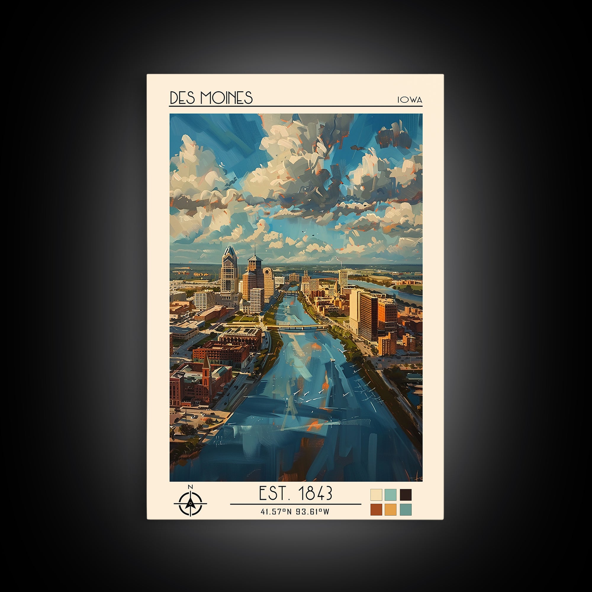 Des Moines Travel Poster, Framed Canvas Print, Retro Wall Art, Travel Print, Travel Art Print, Travel Wall Decor, City Travel Poster