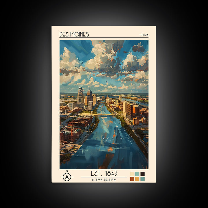 Des Moines Travel Poster, Framed Canvas Print, Retro Wall Art, Travel Print, Travel Art Print, Travel Wall Decor, City Travel Poster